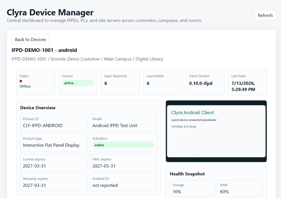 Clyra Device Manager details for an interactive flat panel