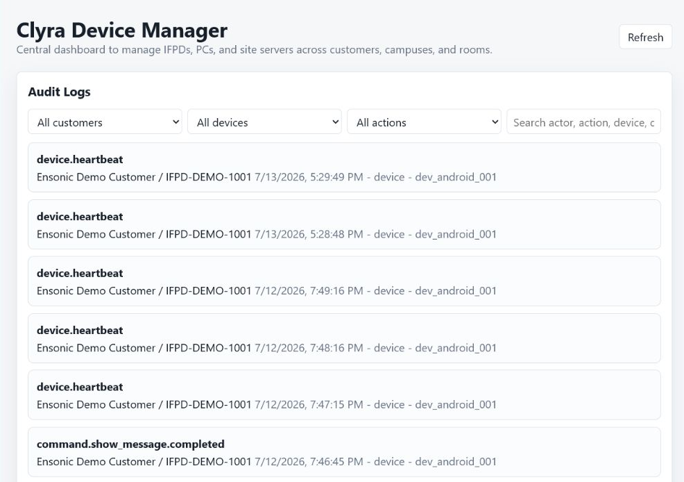 Clyra Device Manager audit log screen