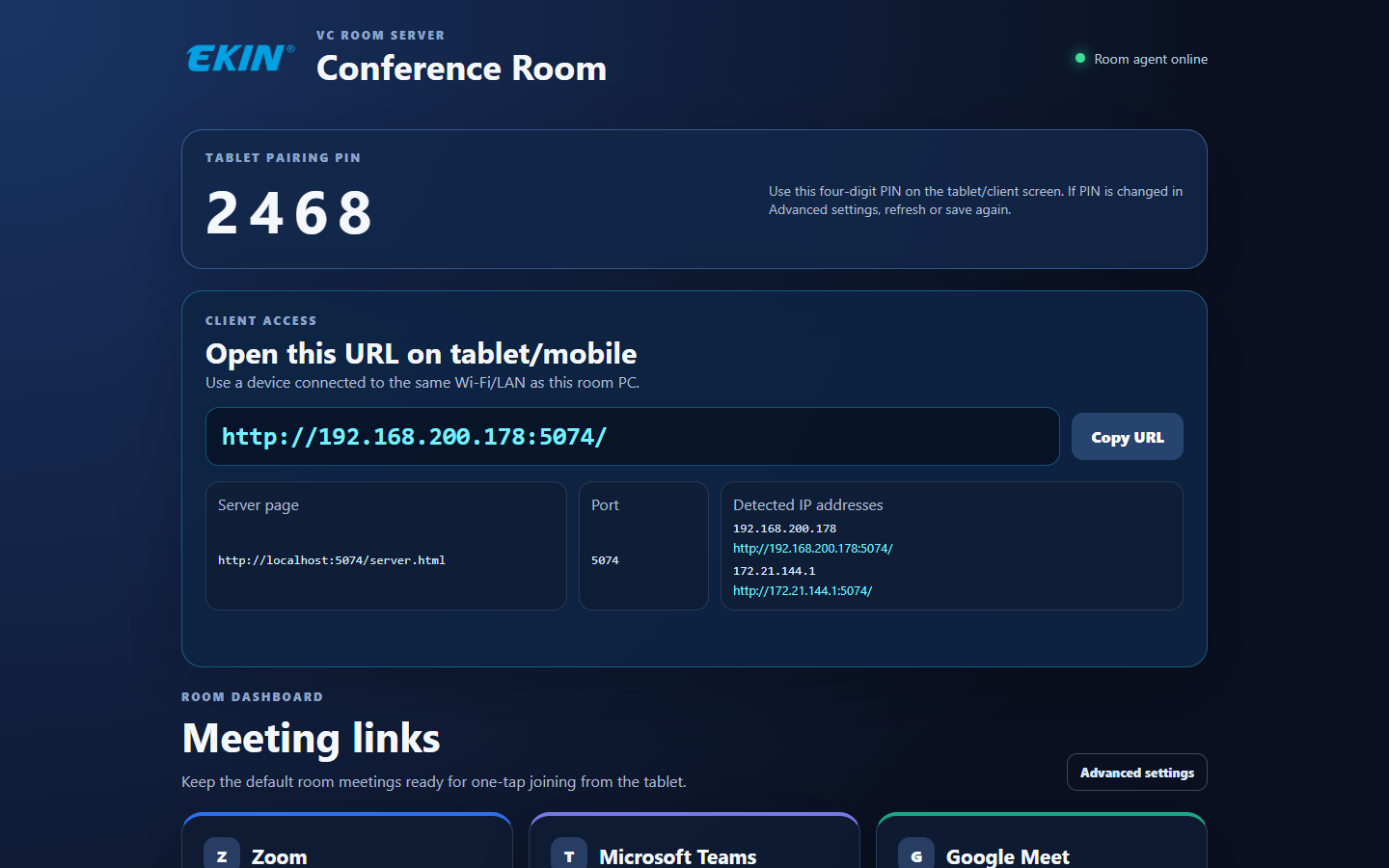 VC Room Controller server dashboard for room pairing and meeting links
