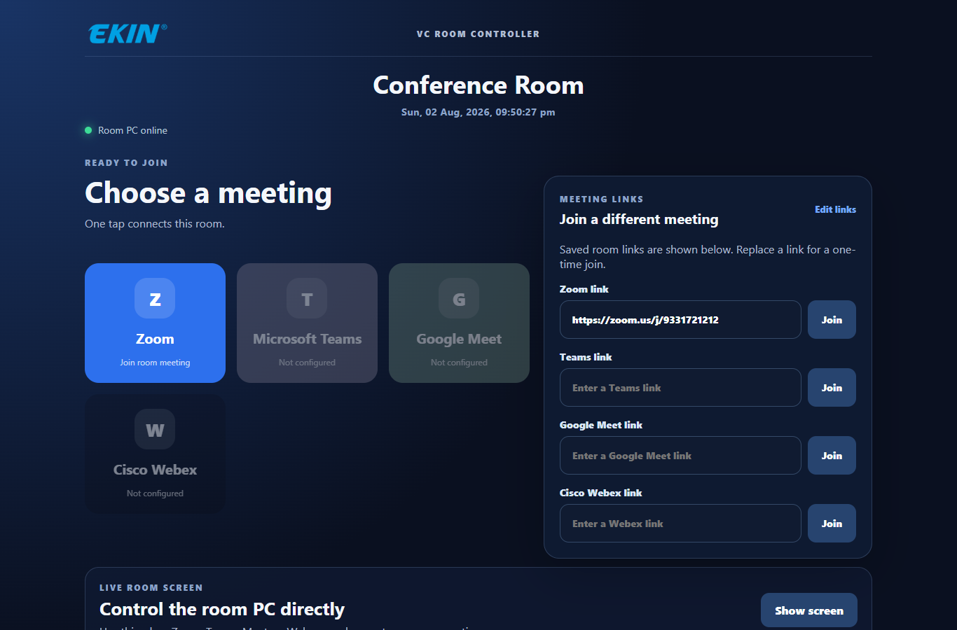 VC Room Controller interface with meeting links and room controls